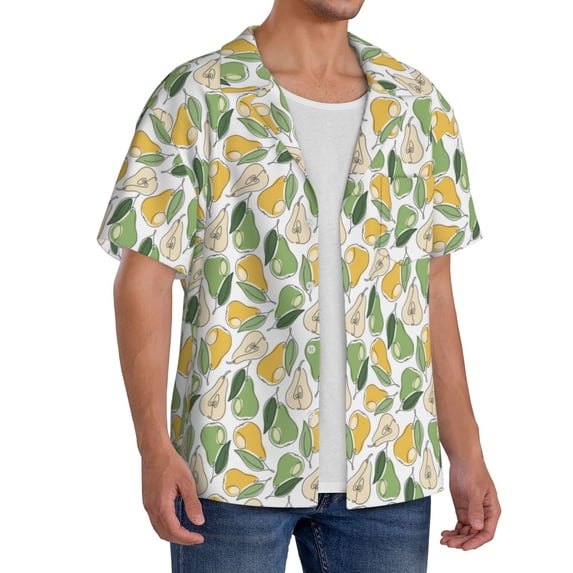 Lsque Fruit Pears print Men's Cuban Collar Short Sleeve Shirt Summer Beachwear Casual Button Down Fashionable Vacation Leisure Shirt-XX-Large
