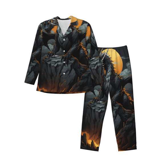 Lsque Full Moon Black Dragon Pattern Long Sleeve Pajama Set for Men - Soft 2-Piece Sleepwear and Loungewear Set with Pockets, Comfy Nightwear-Small