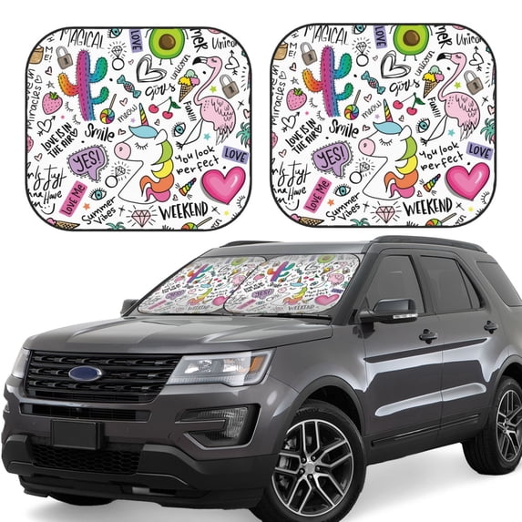 Lsque Fun Animal with Unicorn 2 PCS Windshield Sun Shade | CarFoldable Window Covers | Car Accessories Reflect UV for Universal Cars SUV Truck | Medium