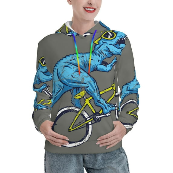 Lsque Fun Riding Dinosaur Pattern Casual Women's Hoodie,Hooded Sweatshirt with Kangaroo Pocket,Pullover Hoodie with Eye-catching Drawstrings-Small