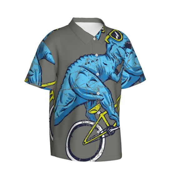 Lsque Fun Riding Dinosaur pattern Hawaiian Shirt for Men, Unisex Summer Beach Casual Short Sleeve Button Down Shirts-Large