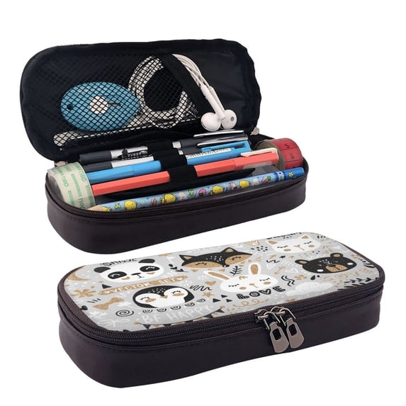 Lsque Funny Animals Series Printed Big Capacity PU Leather Pencil Case Large Pencil Pouch Stationery Pen Bag Pencil Holder for Teen