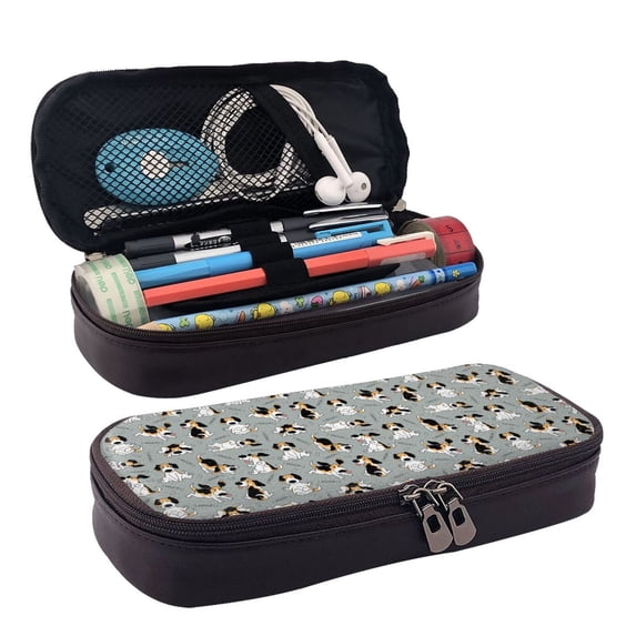 Lsque Funny Beagle Active Dog Printed Big Capacity PU Leather Pencil Case Large Pencil Pouch Stationery Pen Bag Pencil Holder for Teen