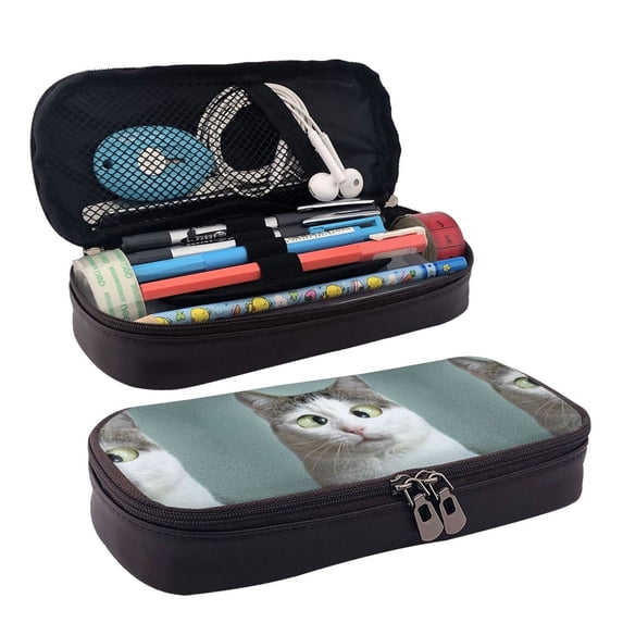 Lsque Funny Cat Printed Big Capacity PU Leather Pencil Case Large Pencil Pouch Stationery Pen Bag Pencil Holder for Teen