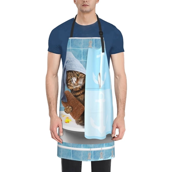 Lsque Funny Cat Taking a Bath Waterproof Apron Chef Aprons for Men Heavy Duty Chemical Work Apron Extra Long Grilling Aprons with Adjustable Bib Apron