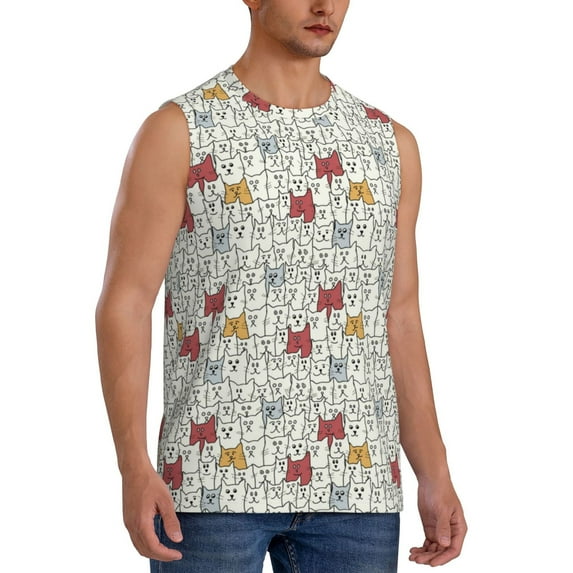Lsque Funny Cat White Print Men's Cotton Blend Sleeveless Muscle Shirts (S-3XL)- Moisture Wicking, Odor Protection, UPF 30+,XX-Large
