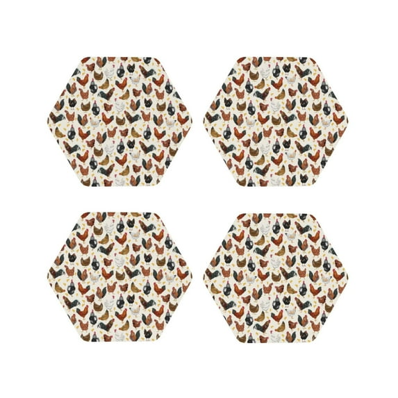 Lsque Funny Chicken Pattern 4" Drink Coasters Set of 4, PVC Leather Absorbent Coasters, Table Coaster Set Decorative Coffee Cup Coasters Housewarming Gift -Hexagon