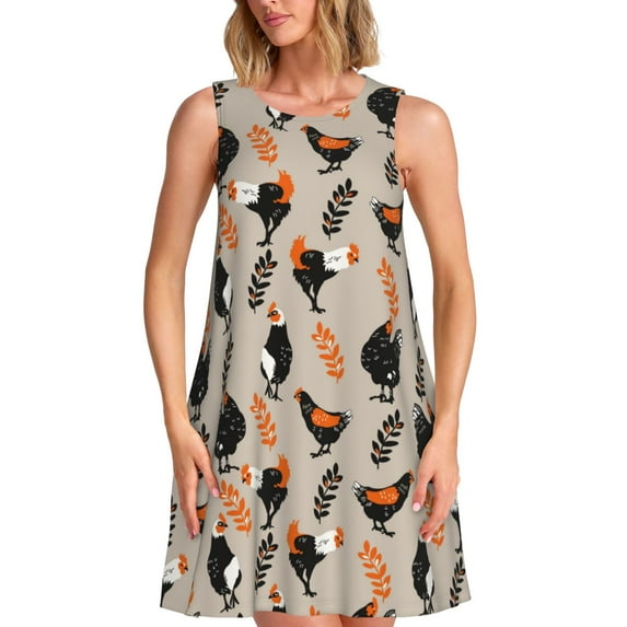 Lsque Funny Chicken Pattern Summer Dresses for Women – Sleeveless T-Shirt Swing Sundress, Perfect for the Beach and Casual Days