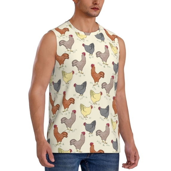 Lsque Funny Chicken Print Men's Cotton Blend Sleeveless Muscle Shirts (S-3XL)- Moisture Wicking, Odor Protection, UPF 30+,Large