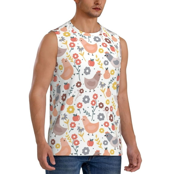 Lsque Funny Chicken Print Men's Cotton Blend Sleeveless Muscle Shirts (S-3XL)- Moisture Wicking, Odor Protection, UPF 30 ,XX-Large