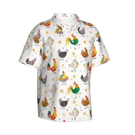 Lsque Funny Chicken pattern Hawaiian Shirt for Men, Unisex Summer Beach Casual Short Sleeve Button Down Shirts-3X-Large