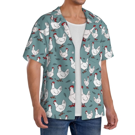 Lsque Funny Chicken print Men's Cuban Collar Short Sleeve Shirt Summer Beachwear Casual Button Down Fashionable Vacation Leisure Shirt-3X-Large