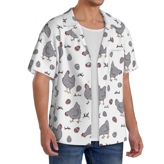 Lsque Funny Chicken print Men's Cuban Collar Short Sleeve Shirt Summer Beachwear Casual Button Down Fashionable Vacation Leisure Shirt-Medium