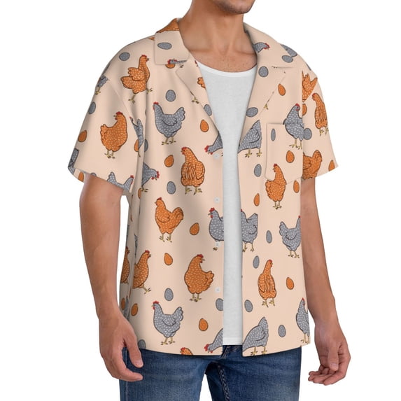 Lsque Funny Chicken print Men's Cuban Collar Short Sleeve Shirt Summer Beachwear Casual Button Down Fashionable Vacation Leisure Shirt-X-Large