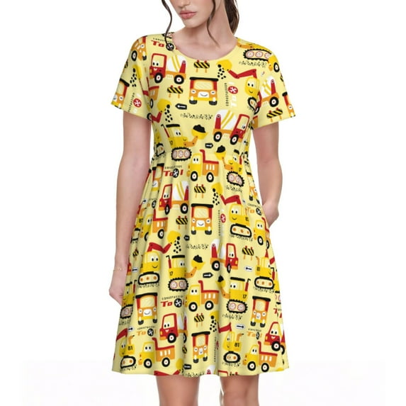 Lsque Funny Construction Vehicles Print Women's Casual Dress T-Shirt Summer Short Sleeve Scoop Neck Swing Dresses