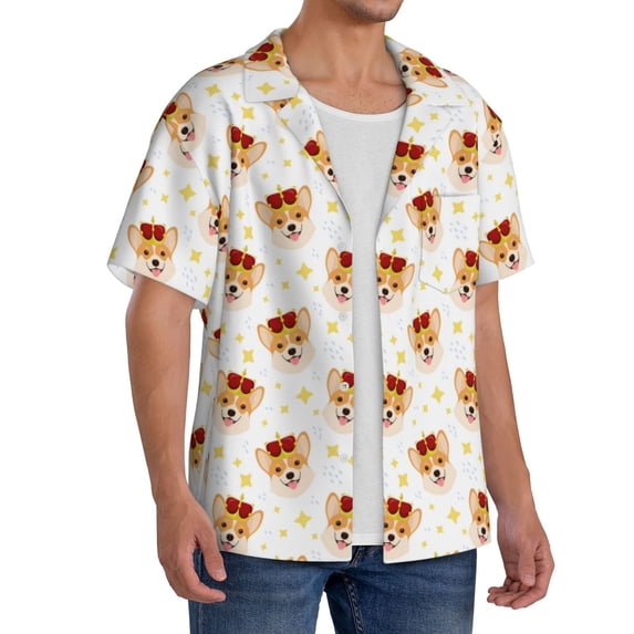 Lsque Funny Corgi print Men's Cuban Collar Short Sleeve Shirt Summer Beachwear Casual Button Down Fashionable Vacation Leisure Shirt-XX-Large