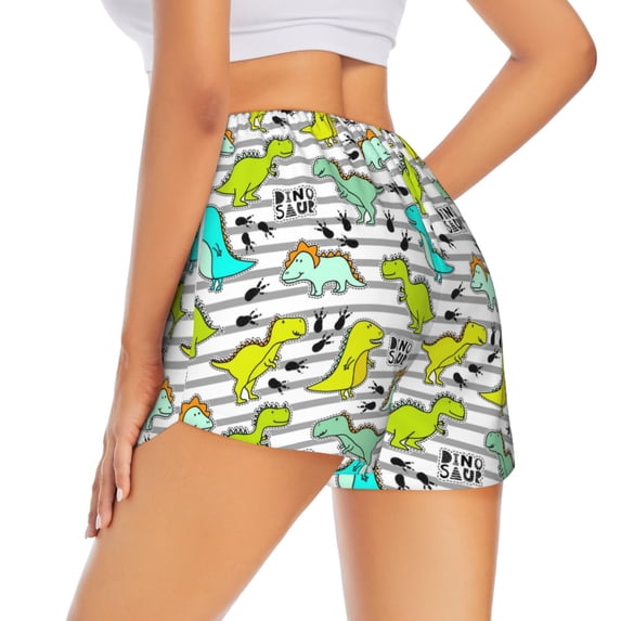 Lsque Funny Dinosaurs on Stripes Printed Women's Running Shorts with Liner Pockets,Elastic Quick Dry Workout Athletic Gym Yoga Shorts,Womens High Waist Shorts-XX-Large