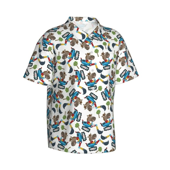 Lsque Funny Excavator pattern Hawaiian Shirt for Men, Unisex Summer Beach Casual Short Sleeve Button Down Shirts-3X-Large