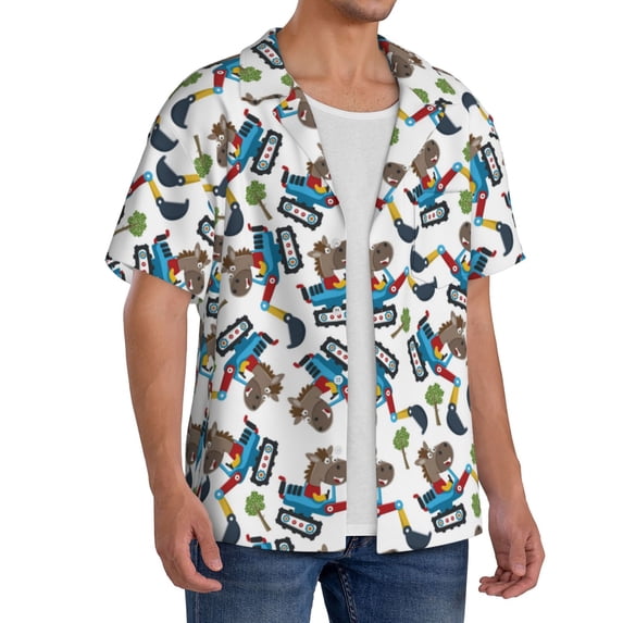 Lsque Funny Excavator print Men's Cuban Collar Short Sleeve Shirt Summer Beachwear Casual Button Down Fashionable Vacation Leisure Shirt-XX-Large