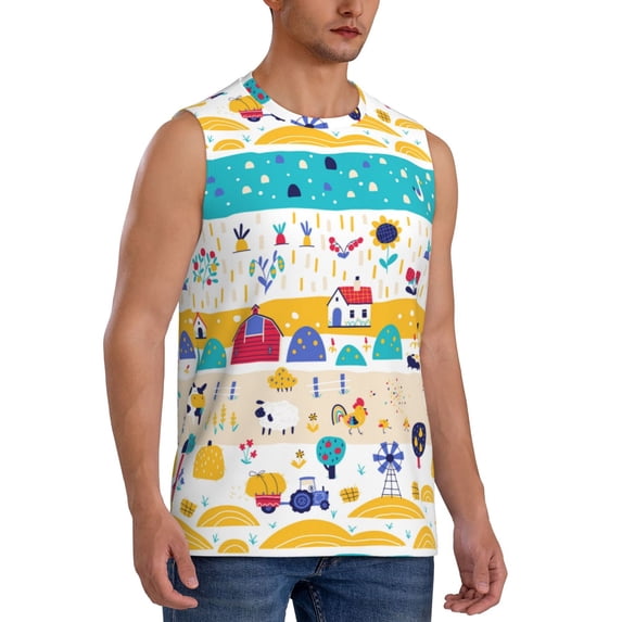 Lsque Funny Farm Print Men's Cotton Blend Sleeveless Muscle Shirts (S-3XL)- Moisture Wicking, Odor Protection, UPF 30+,XX-Large