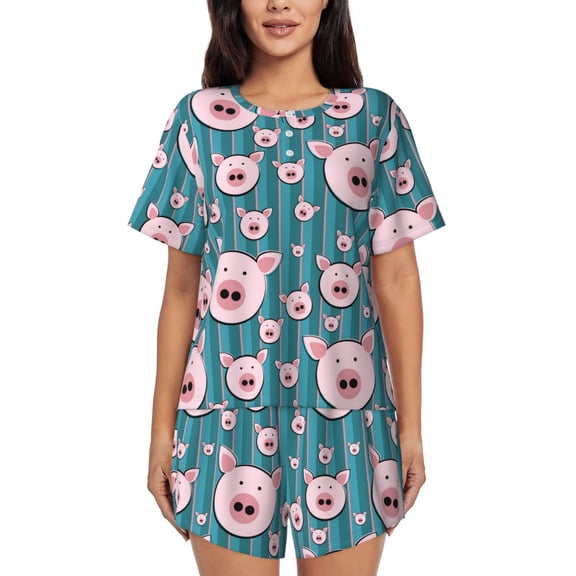 Lsque Funny Pig Faces Women's Short-Sleeved Pajama Set - 2 Piece Soft and Lightweight Sleepwear Set-Large