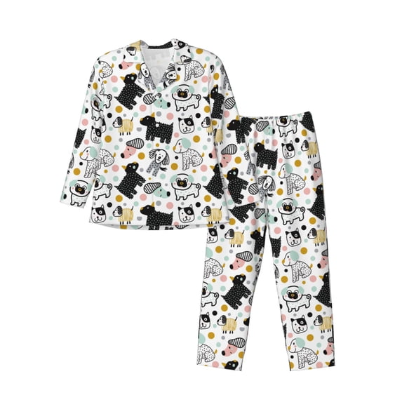 Lsque Funny Puppy Pattern Long Sleeve Pajama Set for Men - Soft 2-Piece Sleepwear and Loungewear Set with Pockets, Comfy Nightwear-Medium