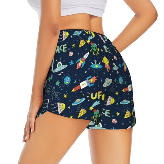 Lsque Funny Spaceships Printed Women's Running Shorts with Liner Pockets,Elastic Quick Dry Workout Athletic Gym Yoga Shorts,Womens High Waist Shorts-XX-Large