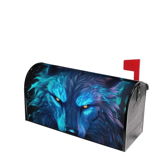 Lsque Futuristic Blue Light Wolf Mailbox Cover Standard Size ,Magnetic Mailbox Covers Post Wraps Letter Box Cover -21x18 in