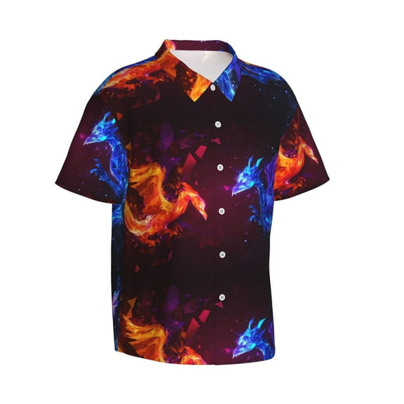 Lsque Futuristic Red And Blue Bird pattern Hawaiian Shirt for Men, Unisex Summer Beach Casual Short Sleeve Button Down Shirts-X-Large