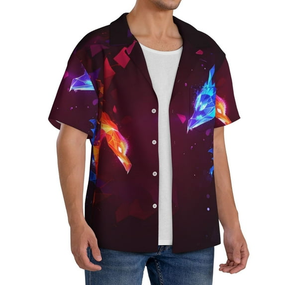 Lsque Futuristic Red And Blue Bird print Men's Cuban Collar Short Sleeve Shirt Summer Beachwear Casual Button Down Fashionable Vacation Leisure Shirt-X-Large