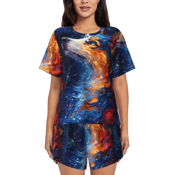 Lsque Galactic Dog Swirls Art Women's Short-Sleeved Pajama Set - 2 Piece Soft and Lightweight Sleepwear Set-Large