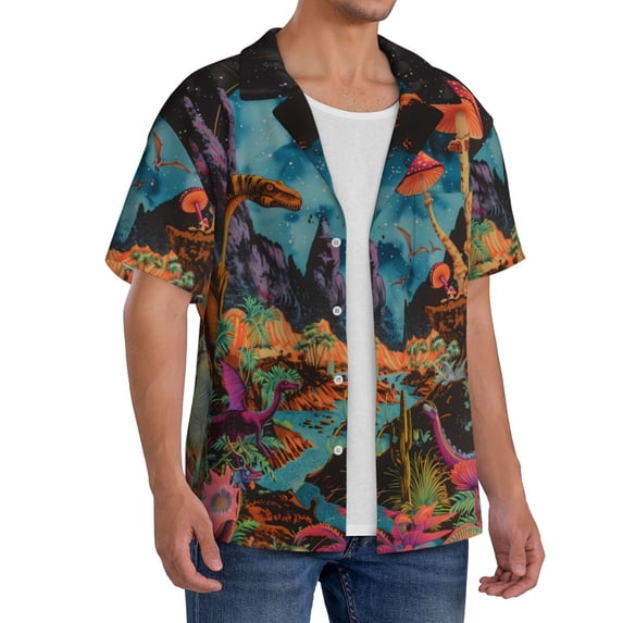 Lsque Galactic Jungle Dinosaurs print Men's Cuban Collar Short Sleeve Shirt Summer Beachwear Casual Button Down Fashionable Vacation Leisure Shirt-X-Large