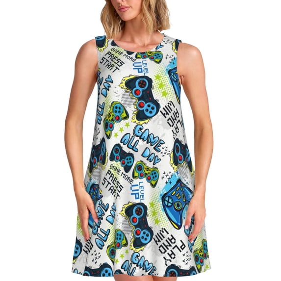 Lsque Game All Day Pattern Summer Dresses for Women – Sleeveless T-Shirt Swing Sundress, Perfect for the Beach and Casual Days