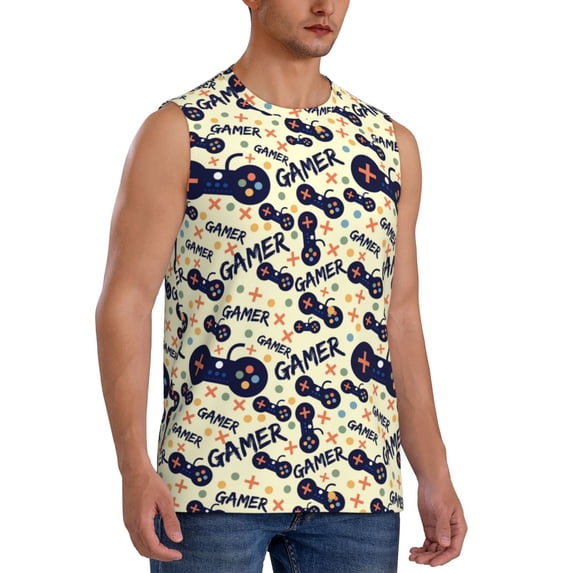 Lsque Game Controller Print Men's Cotton Blend Sleeveless Muscle Shirts (S-3XL)- Moisture Wicking, Odor Protection, UPF 30+,XX-Large