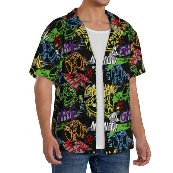 Lsque Game Joysticks print Men's Cuban Collar Short Sleeve Shirt Summer Beachwear Casual Button Down Fashionable Vacation Leisure Shirt-Large