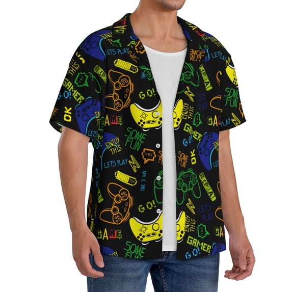 Lsque Game Play print Men's Cuban Collar Short Sleeve Shirt Summer Beachwear Casual Button Down Fashionable Vacation Leisure Shirt-XX-Large