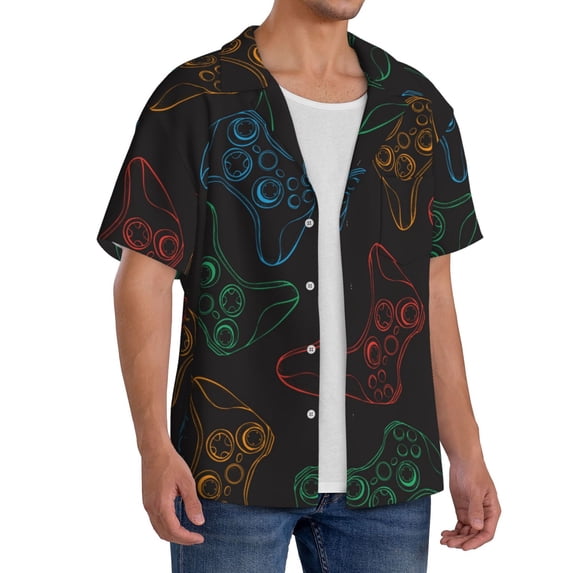 Lsque Gamepad Joystick Game print Men's Cuban Collar Short Sleeve Shirt Summer Beachwear Casual Button Down Fashionable Vacation Leisure Shirt-4X-Large