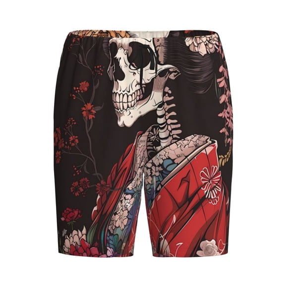 Lsque Geisha Skeleton With Flowers Mens Sleep Pajama Shorts,Short Pajama Pants, Cotton Ultra-Soft Knit-Medium