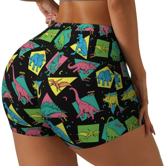 Lsque Geometric Dinosaur Pattern High Waisted Biker Shorts for Women-Tummy Control Fitness Athletic Workout Running Yoga Gym Shorts,Moisture-Wicking-XX-Large