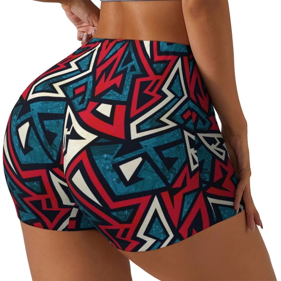 Lsque Geometric Elements Pattern High Waisted Biker Shorts for Women-Tummy Control Fitness Athletic Workout Running Yoga Gym Shorts,Moisture-Wicking-