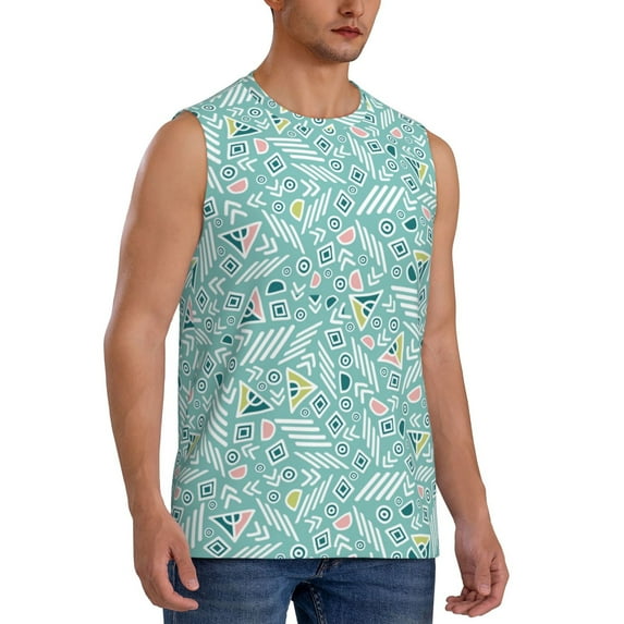Lsque Geometric Elements Print Men's Cotton Blend Sleeveless Muscle Shirts (S-3XL)- Moisture Wicking, Odor Protection, UPF 30+,XX-Large