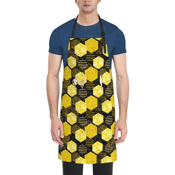 Lsque Geometric Pattern with Bee Waterproof Apron Chef Aprons for Men Heavy Duty Chemical Work Apron Extra Long Grilling Aprons with Adjustable Bib Apron