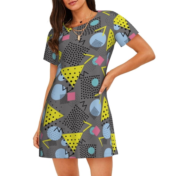 Lsque Geometric Pattern Nightgowns for Women Sleep Shirts Short Sleeve Nightshirt Pullover Nightdress Soft Sleepwear Relaxed Fit Nightdress