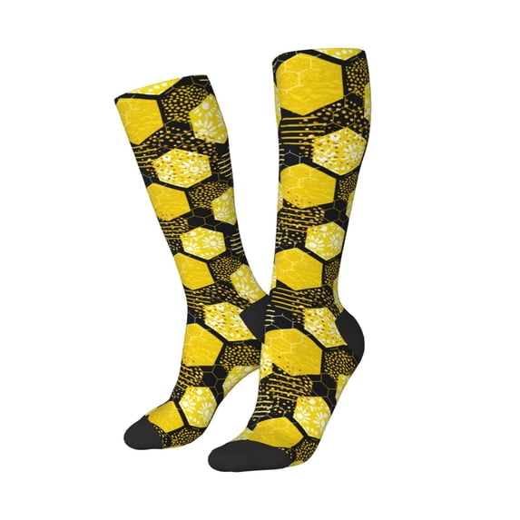 Lsque Geometric Pattern with Bee Printed Crew Socks Men's Women's LightWeight Thin Casual Calf Socks ,Knee High Socks,Cotton Socks