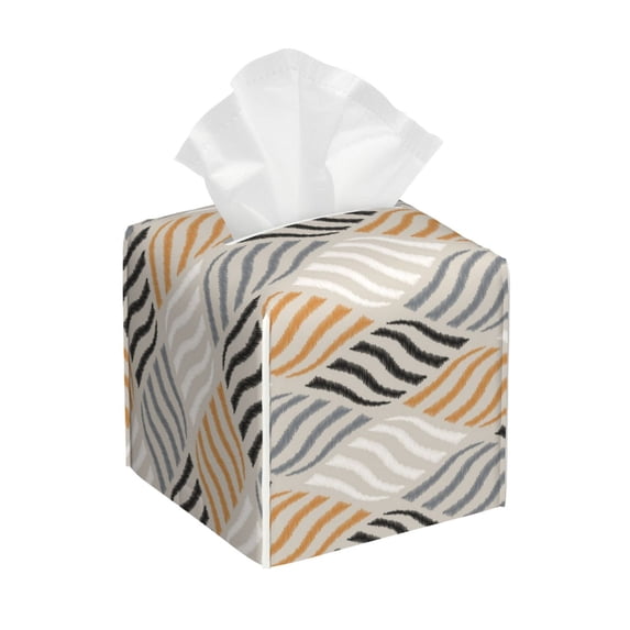Lsque Geometric Printed Tissue Box Cover Holder, Facial Paper Organizer Dispenser,Square with Bottom Belt, PVC Leather Decorative Organizer