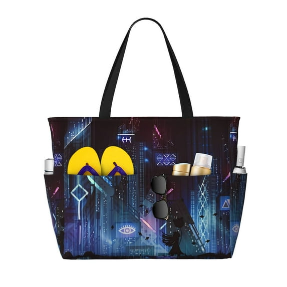 Lsque Geometry Dash Beach Travel Bag - Water-Resistant, Large Capacity Lightweight Tote with 7 Pockets for Women and Men - Perfect for Beach, Pool, Gym, and Travel