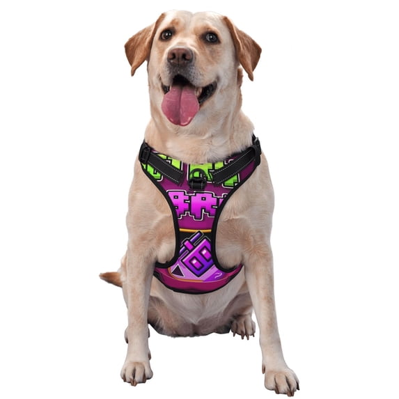 Lsque Geometry Dash Dog Harness, No-Pull Pet Harness with 2 Leash Clips, Adjustable Soft Padded Dog Vest with Easy Control Handle for Large Dogs-