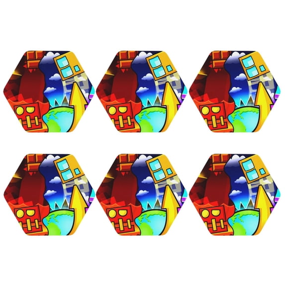 Lsque Geometry Dash Pattern 4" Drink Coasters Set of 6, Leather Absorbent Coasters, Table Coaster Set Decorative Coffee Cup Coasters Housewarming Gift