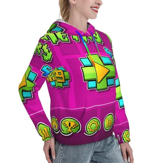 Lsque Geometry Dash Pattern Casual Women's Hoodie,Hooded Sweatshirt with Kangaroo Pocket,Pullover Hoodie with Eye-catching Drawstrings-Large