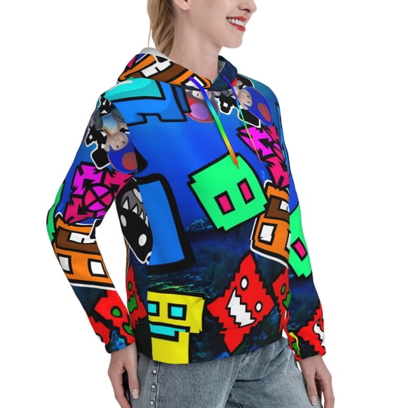 Lsque Geometry Dash Pattern Casual Women's Hoodie,Hooded Sweatshirt with Kangaroo Pocket,Pullover Hoodie with Eye-catching Drawstrings-Large